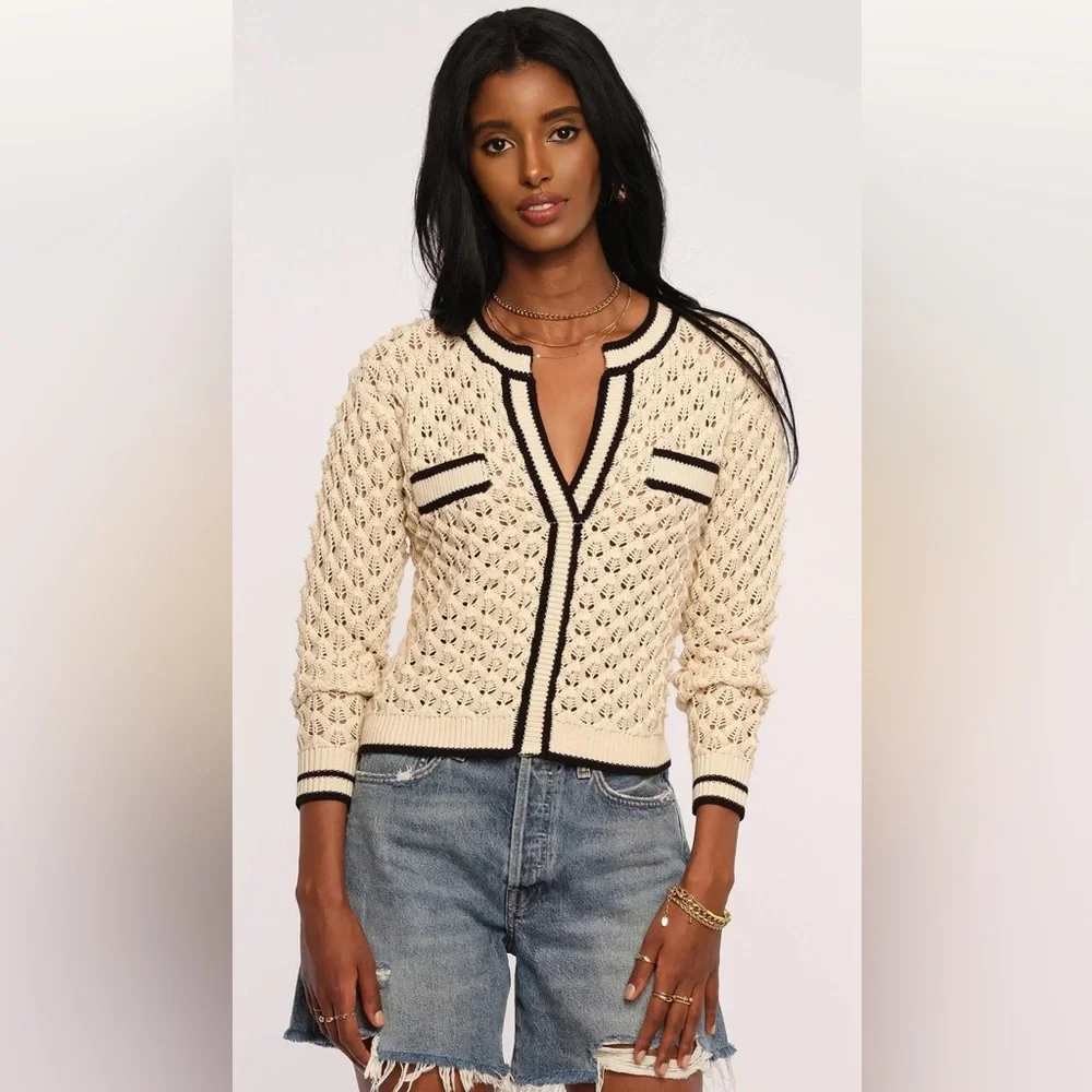 Heartloom Sybil Sweater Crochet Knit V Neck Ivory Size Small Preppy Cottagecore - Picture 14 of 16